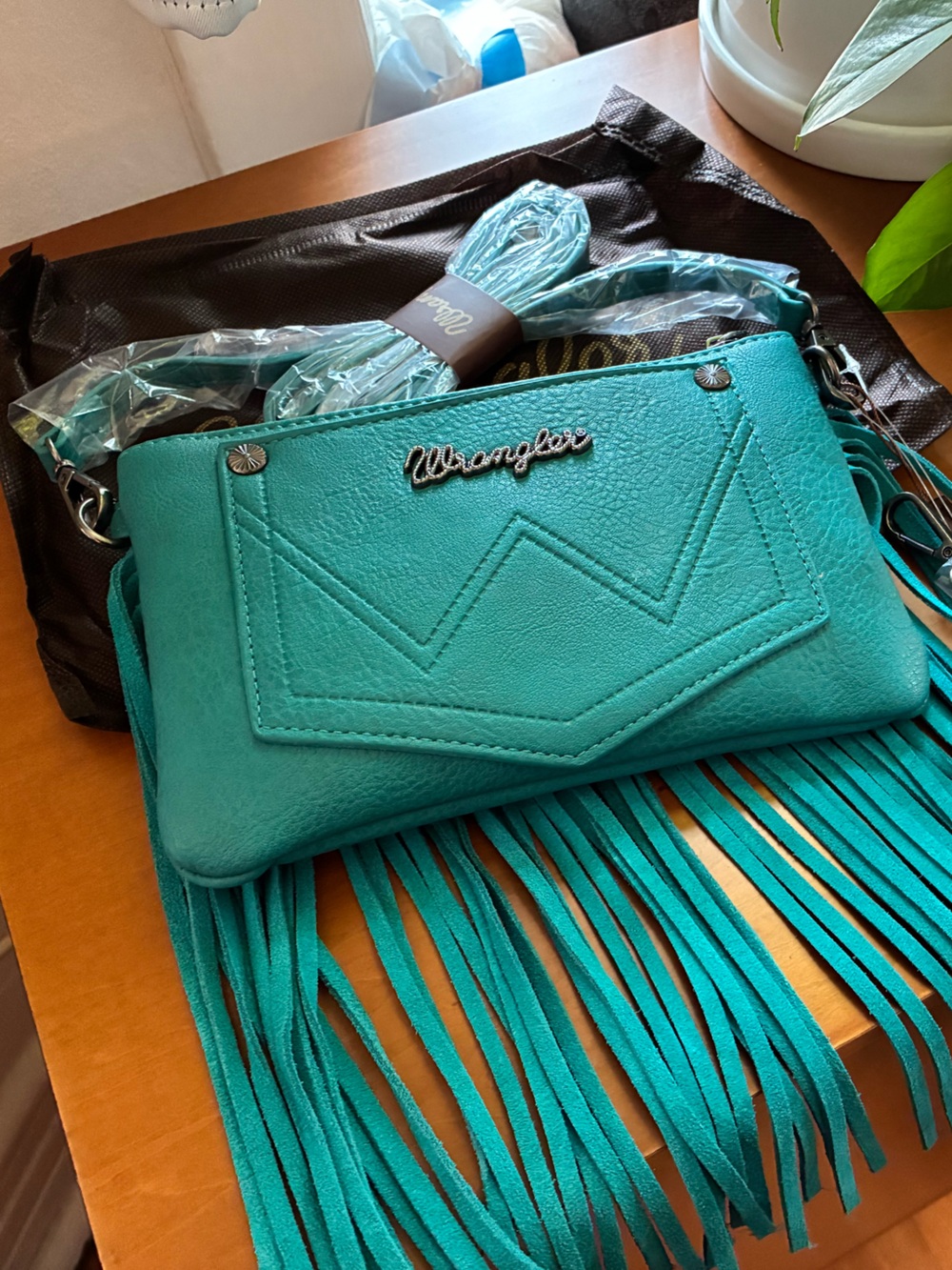 Wrangler Teal Floral Fringe Crossbody and Wristlet - Picture 4 of 4